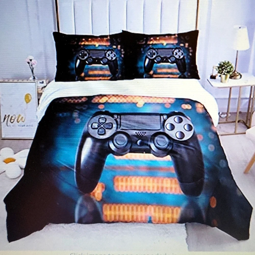 JAQWLL Gamer Bedding Duvet Cover 2 pillowcases blue gold aqua black Full…New